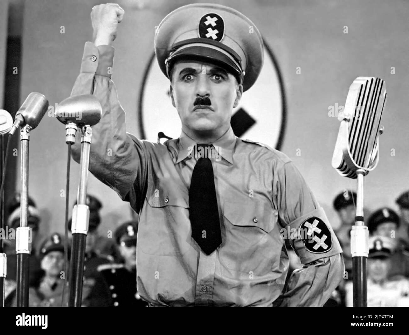 A scene from the Charlei Chaplin film The Great Dictator in which Chaplin parodies the ideas and mannerisms of Hitler Stock Photo