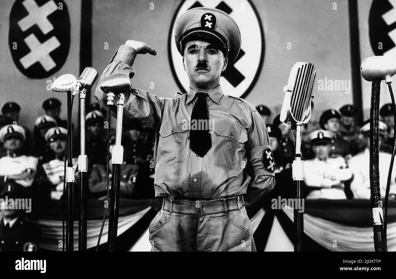 A scene from the Charlei Chaplin film The Great Dictator in which Chaplin parodies the ideas and mannerisms of Hitler Stock Photo