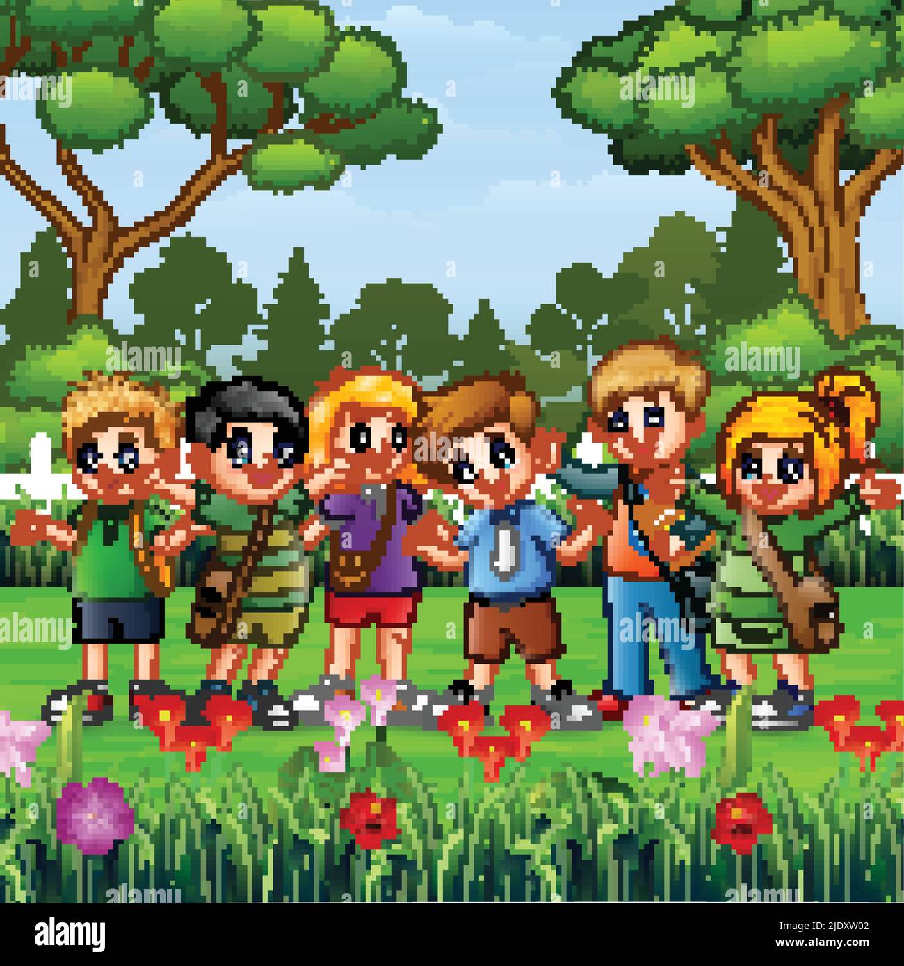 Happy school children standing in the park Stock Vector Image & Art - Alamy