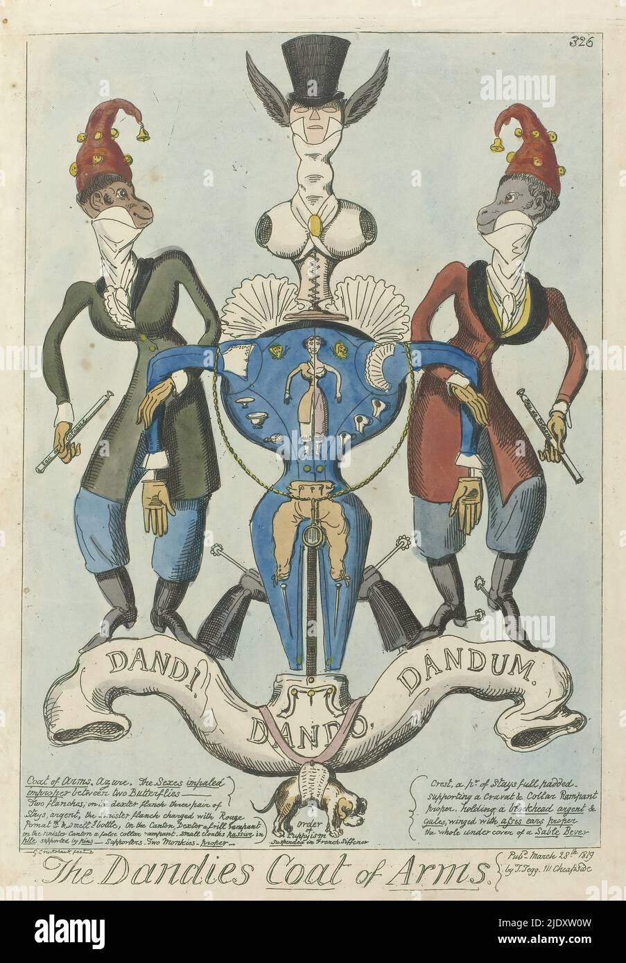 Two clothed monkeys hold a coat of arms in the form of a mannequin, The Dandies Coat of Arms (title on object), Below the coat of arms the coat of arms motto Dandi - Dando - Dandum on a ribbon formed of pants from which hangs an order sign with a dog. Below the image a description of the coat of arms in English., print maker: George Cruikshank, (mentioned on object), publisher: Thomas Tegg, (mentioned on object), London, 28-Mar-1819, paper, etching, height 349 mm × width 246 mm Stock Photo