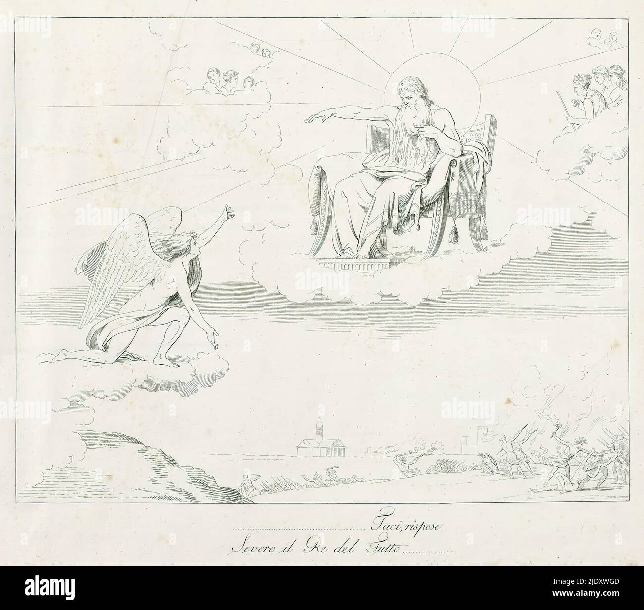 Angel kneeling before God the Father on his throne, (...) Taci, rispose Severo il re del tutto (...) (title on object), Illustrations to the poem Pronea by Melchiore Cesarotti, an apology for Napoleon Bonaparte (series title), La pronea del Cesarotti delineata ed incisa dal Matteini (series title), Below the representation a verse in Italian. Print is part of an album., print maker: Teodoro Matteini, publisher: anonymous, print maker: Italy, publisher: Milaan, 1808, paper, etching, height 332 mm × width 382 mm Stock Photo