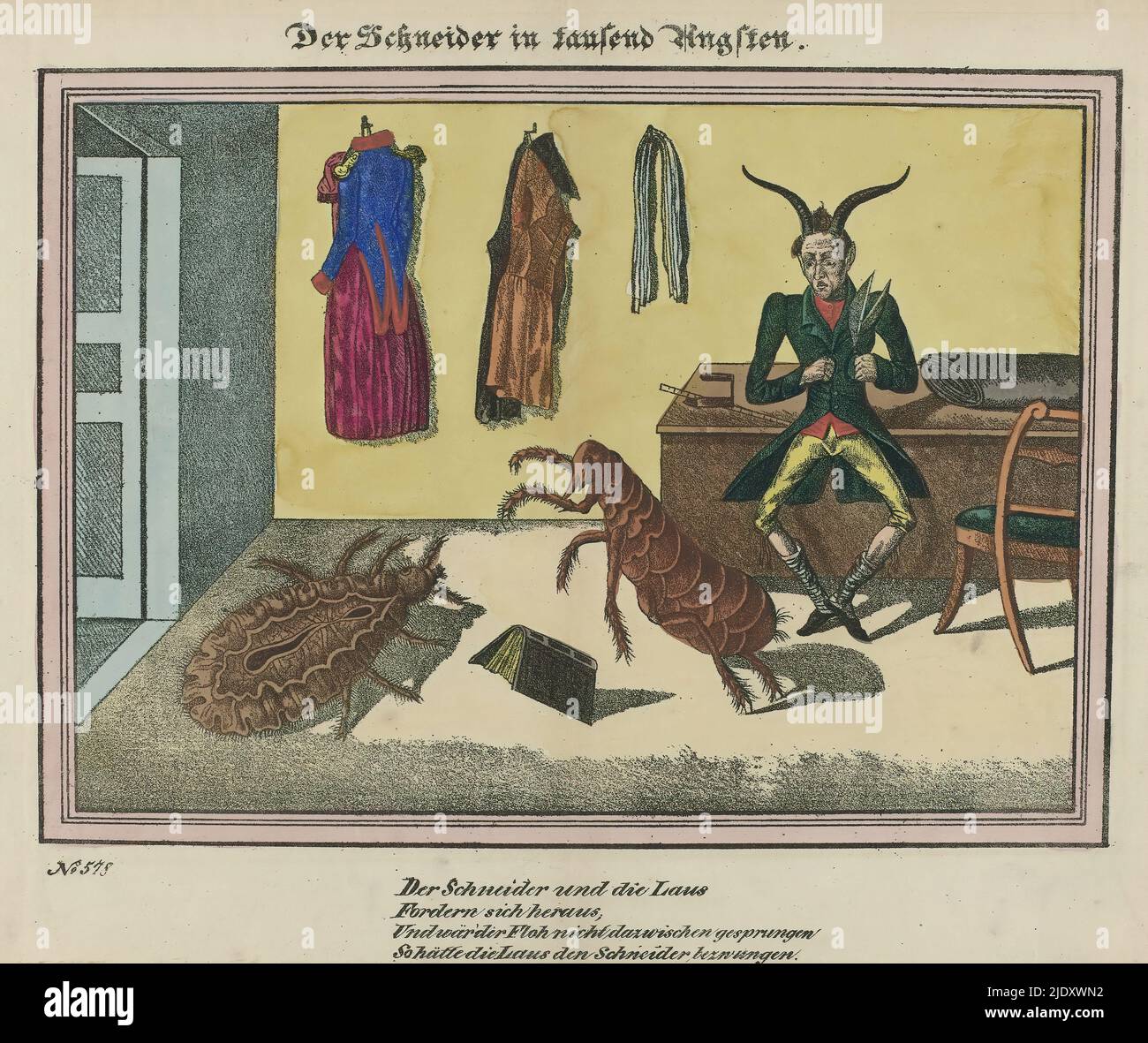 Der schneider in tausend angsten 1830-1840, No. 578 : Der Schneider und  () (title on object), Caricature of a tailor in his studio. He is  standing at a work table and has