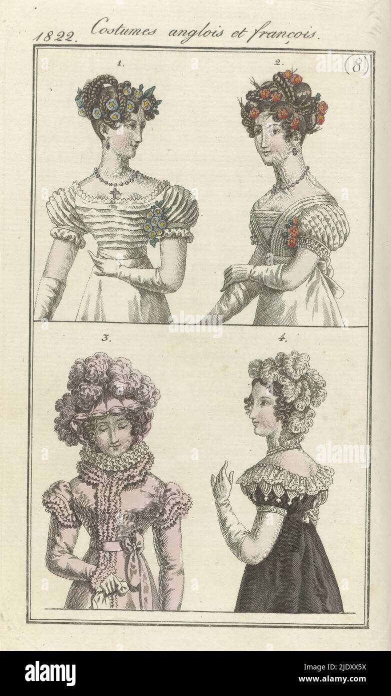Journal des Dames et des Modes, Frankfurt edition 17 février 1822, Costumes anglois et françois (8), The accompanying text ( pp. 215-216) states: Fig. 1-3: French costumes. Fig. 1: Hairstyle decorated with chrysanthemums. Gauze ballgown, the bodice and sleeves decorated with remplis. White gloves. Fig. 2: Hairstyle decorated with cardinal flowers and golden spikes. Gown of tulle with a 'corsage gallo-grec'(bodice). White gloves. Fig. 3: Hat of crepe, decorated with ostrich feathers. Redingote of gros de Naples, garnished with a ruffle of crepe. White gloves. Fig. 4: English fashion. Hairstyle Stock Photo