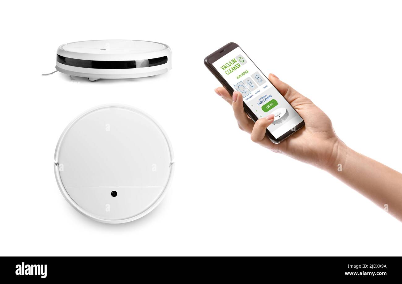 Woman with mobile phone and modern remote controlled robot vacuum