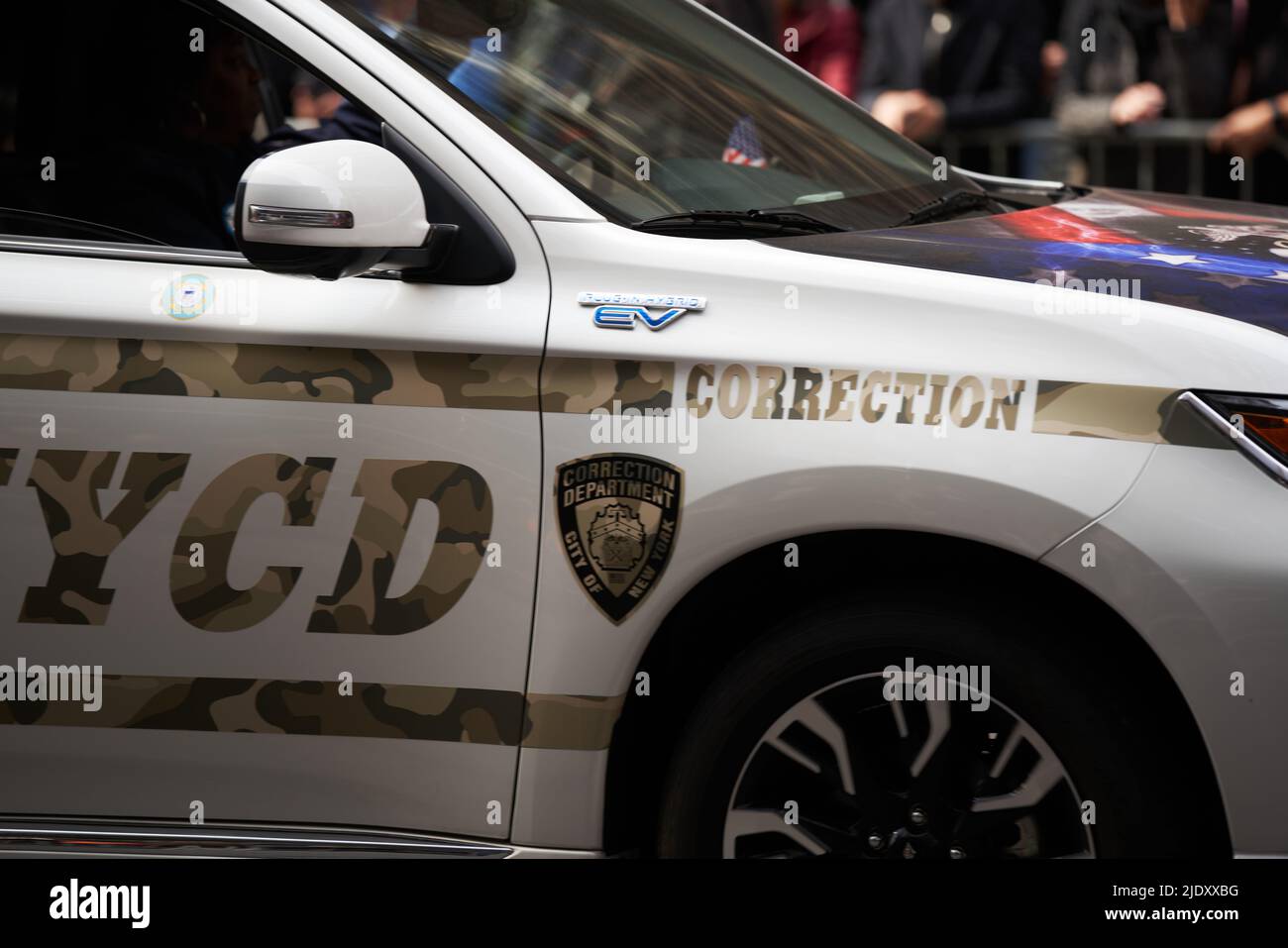 Manhattan, USA - 11. November 2021: New York correctional department vehicle. Veterans day parade in NYC. Corrections department truck, NYCD Stock Photo