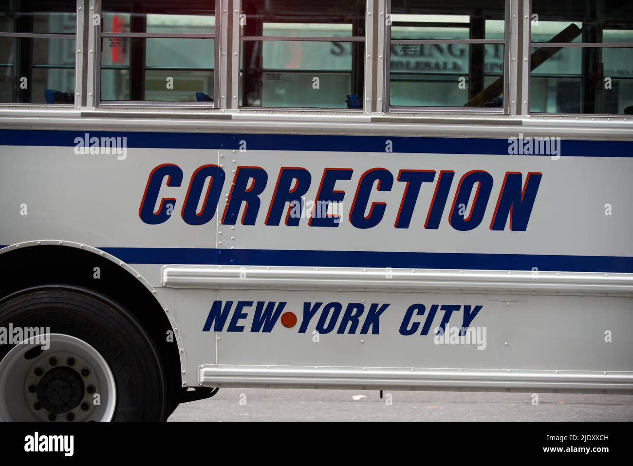 Manhattan, USA - 11. November 2021:New York correctional department vehicle Bus. Veterans day parade in NYC. New York correction department NYCD Stock Photo