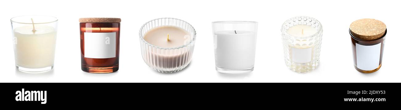 Set of aroma candles in holders on white background Stock Photo - Alamy