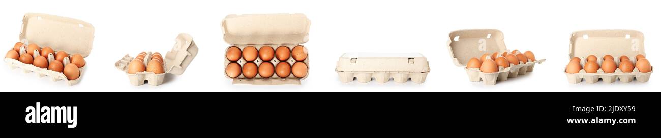 Set of cardboard boxes with chicken eggs isolated on white Stock Photo ...