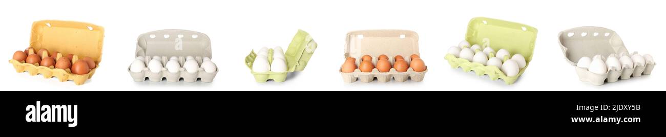 Set of cardboard boxes with chicken eggs isolated on white Stock Photo ...