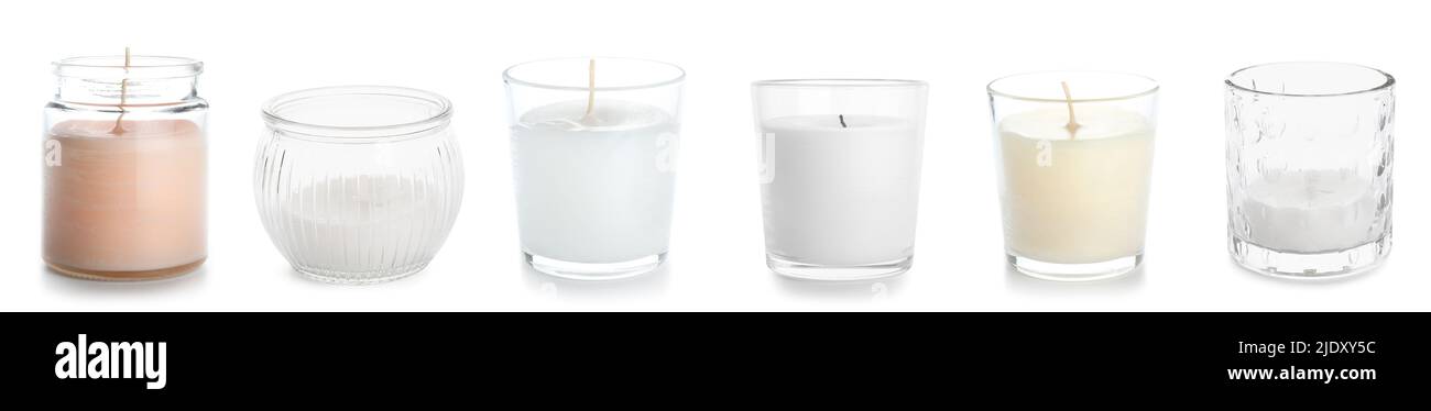 Set of aroma candles in holders on white background Stock Photo - Alamy