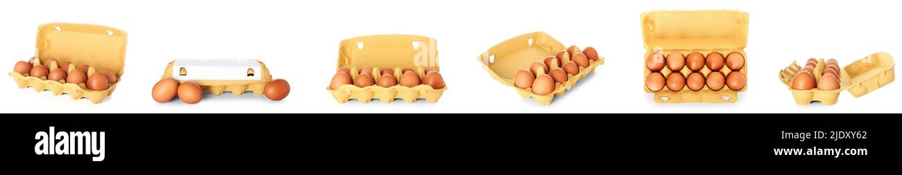 Set of cardboard boxes with chicken eggs isolated on white Stock Photo ...