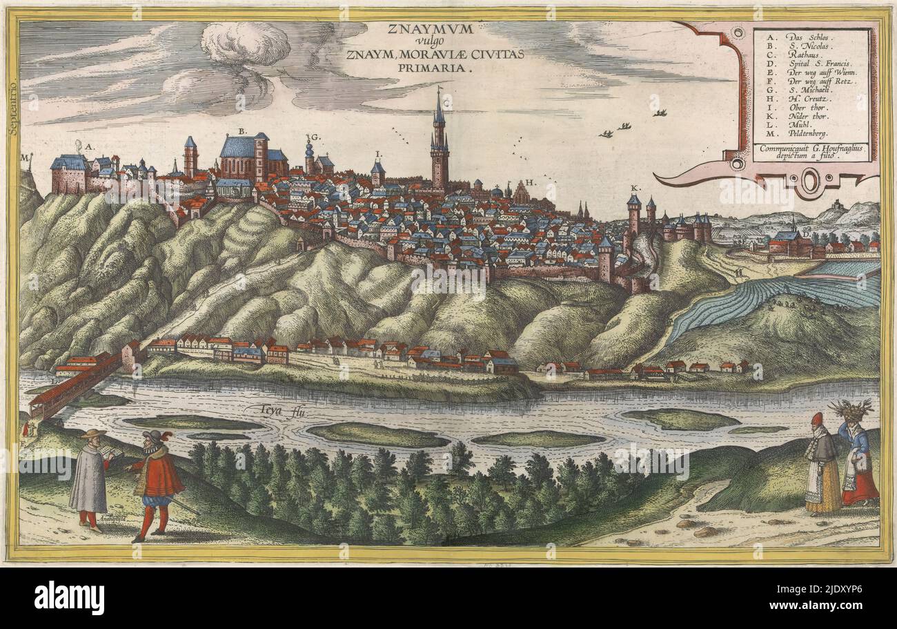 View of Znaymvm/Znojmo in Czech Republic, View of the town of Znojmo with  the Teya/Thaya River in the foreground. From 'Civitates Orbis Terrarum',  1572-1680., print maker: Jacob Hoefnagel, (mentioned on object), after