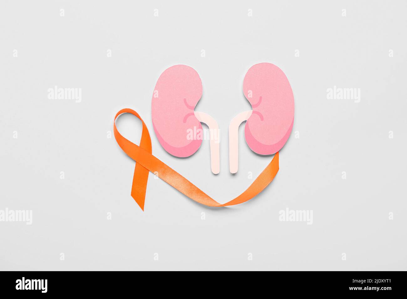 Orange awareness ribbon and paper kidneys on grey background Stock Photo