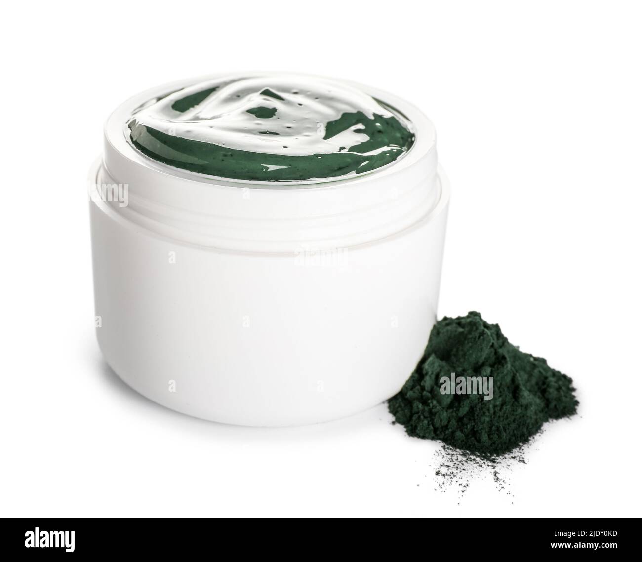 Jar of spirulina facial mask and powder on white background Stock Photo