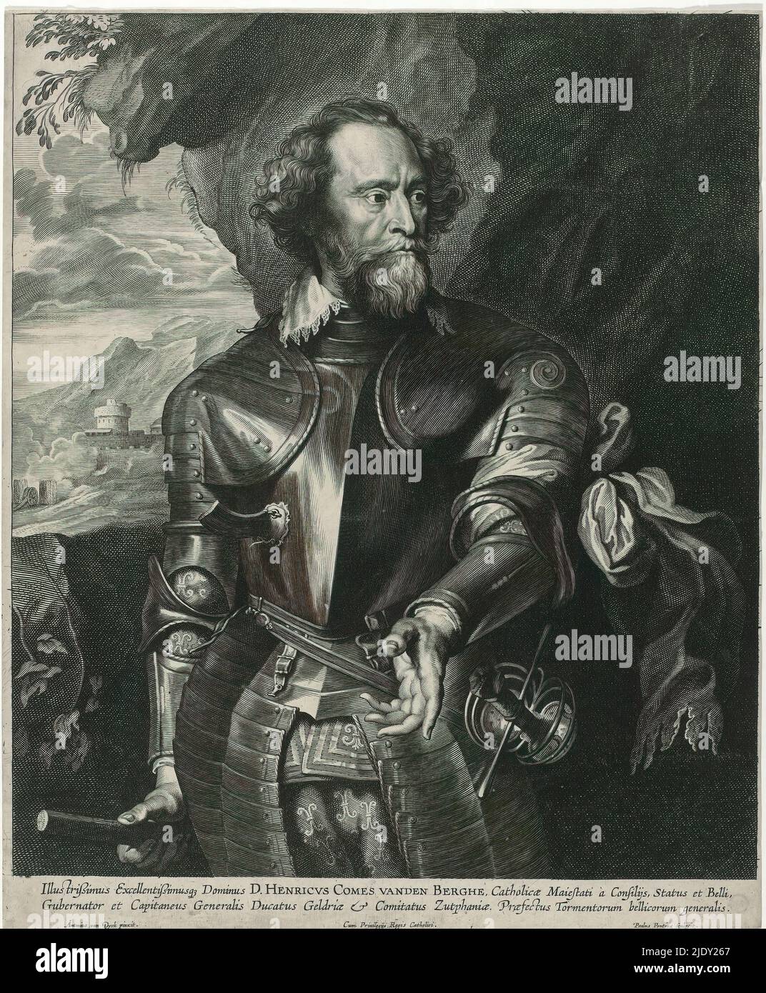 Portrait Count Hendrik van den Bergh, Kneepiece, in armor, with speaking gesture, standing before a high rock. With caption in Latin., print maker: Paulus Pontius, (mentioned on object), after painting by: Anthony van Dyck, (mentioned on object), c. 1625 - before 1658, paper, etching, engraving, height 359 mm × width 295 mm Stock Photo