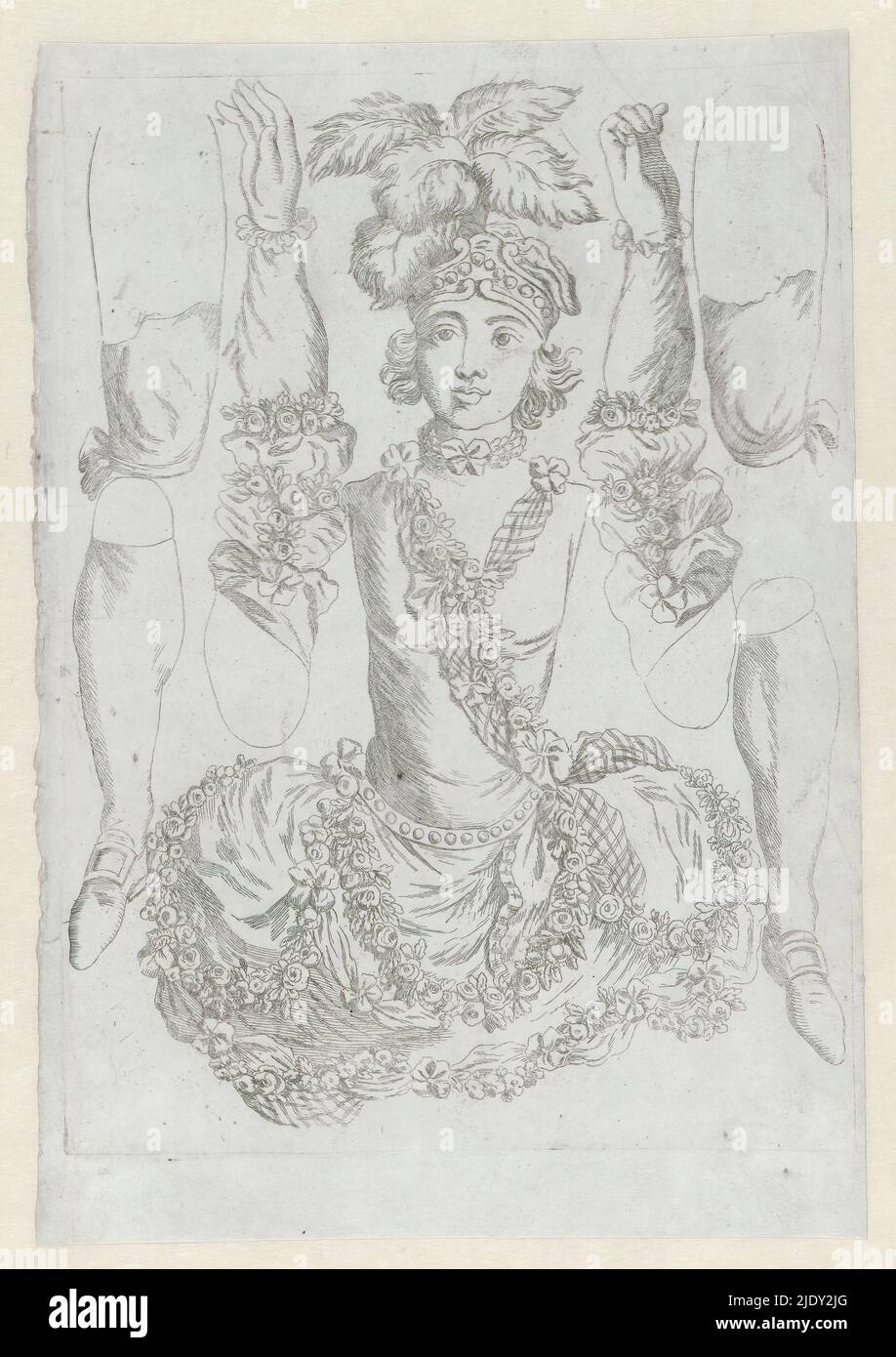 Female Tug, Female Tug (Pantin) with head, body of young woman, dressed in a dress decorated with flower garlands; four loose parts with two legs and shod feet and two arms and hands., print maker: anonymous, France, (possibly), c. 1740 - c. 1800, paper, etching, height 294 mm × width 215 mm Stock Photo