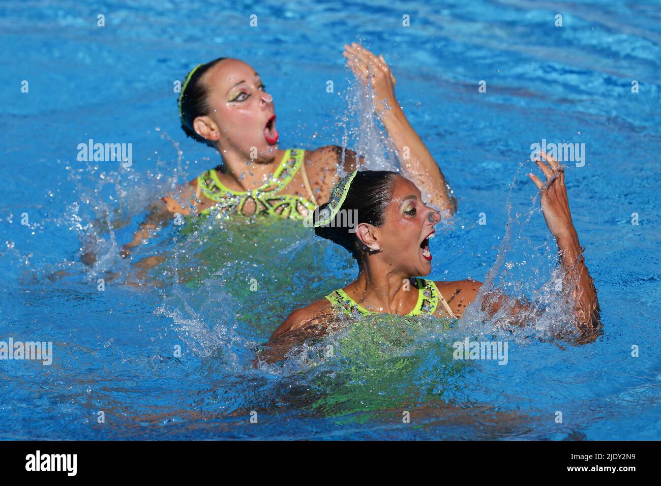 Budapest, Hungary. 23rd June, 2022. Linda Cerruti and Costanza Ferro of Italy perform during the Artistic Swimming Women Duet Free Final in Budapest, Hungary, June 23, 2022. Credit: Zheng Huansong/Xinhua/Alamy Live News Stock Photo