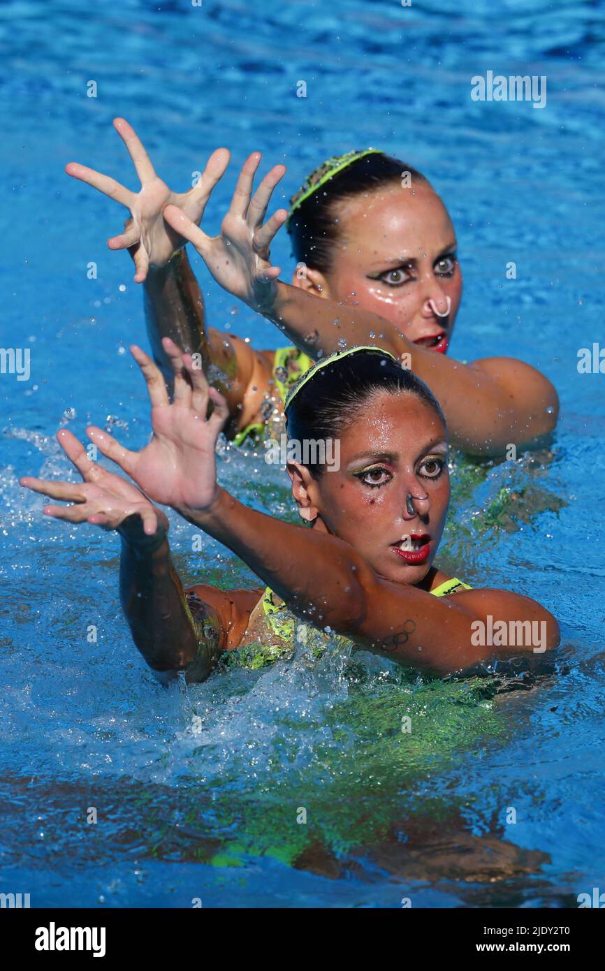 Budapest, Hungary. 23rd June, 2022. Linda Cerruti and Costanza Ferro of Italy perform during the Artistic Swimming Women Duet Free Final in Budapest, Hungary, June 23, 2022. Credit: Zheng Huansong/Xinhua/Alamy Live News Stock Photo