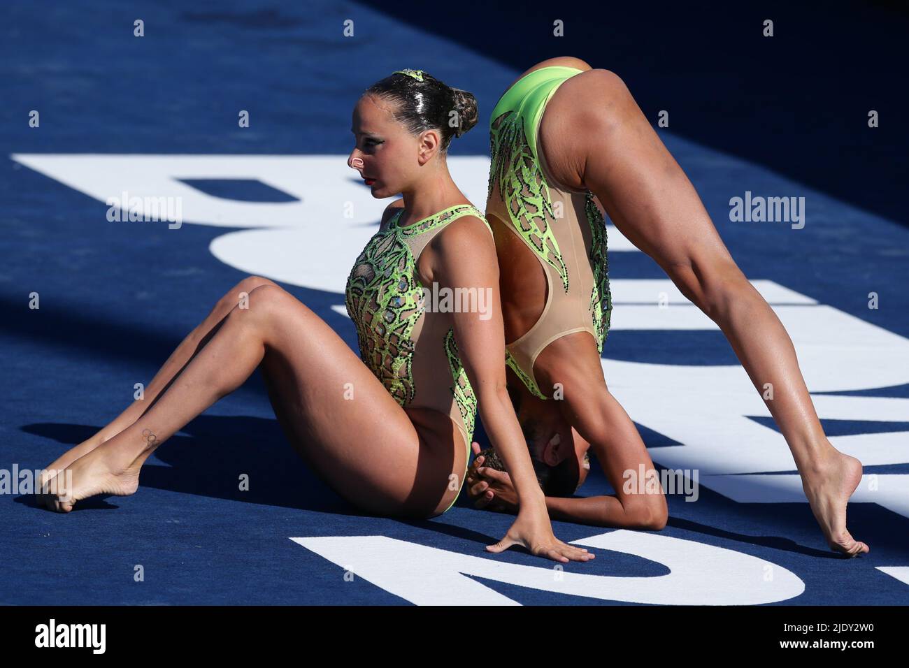 Budapest, Hungary. 23rd June, 2022. Linda Cerruti and Costanza Ferro of Italy compete during the Artistic Swimming Women Duet Free Final in Budapest, Hungary, June 23, 2022. Credit: Zheng Huansong/Xinhua/Alamy Live News Stock Photo