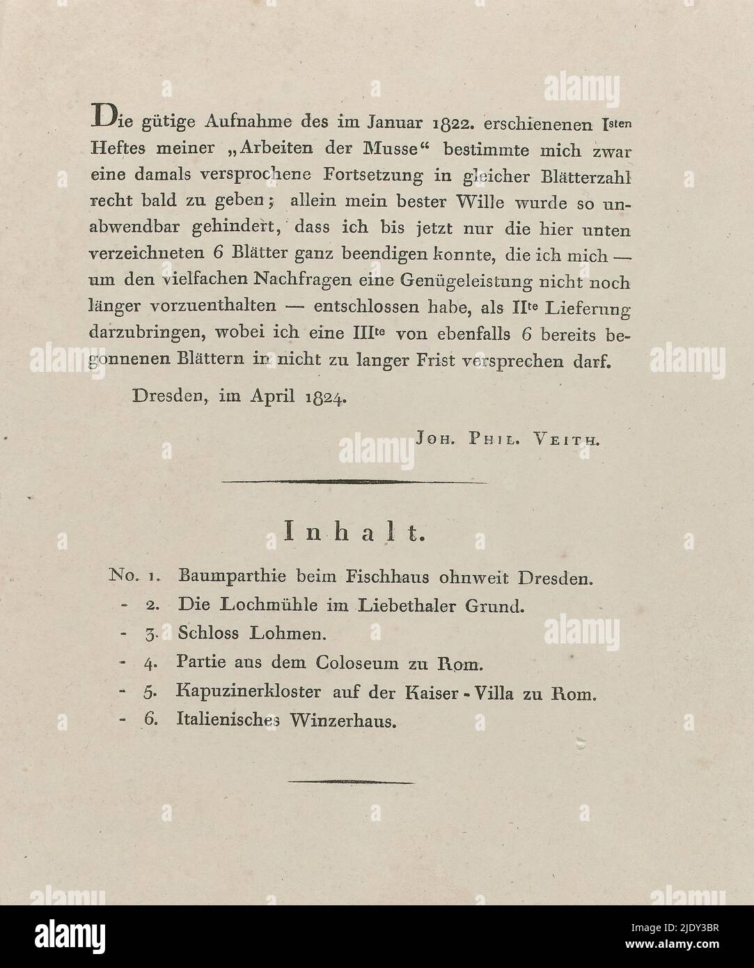 Table of contents and explanatory notes for a series of six landscape prints, Arbeiten der Musse