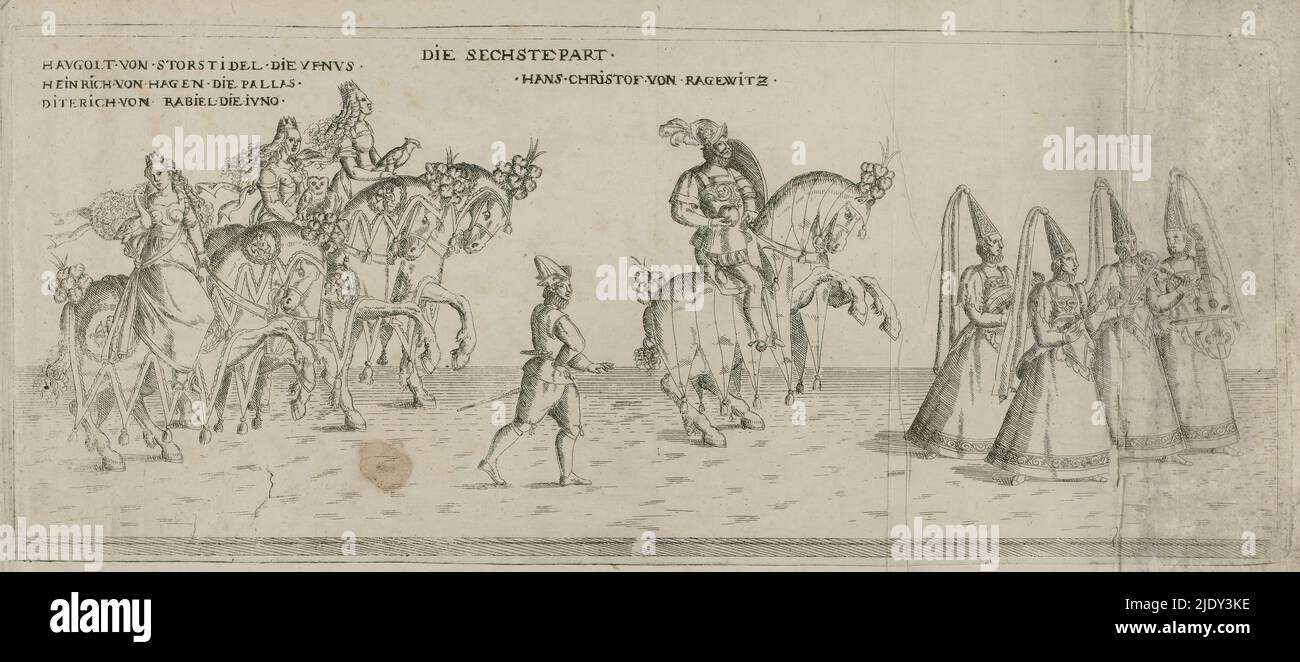Haugolt von Storstidel as Venus, Heinrich von Hagen as Minerva, Diterich von Rabiel as Juno and Hans Christof von Ragewitz as Paris, all on horseback and accompanied by a page and four musicians, Die sechste Part (title on object), Festive procession with August, elector of Saxony (series title), print maker: anonymous, Germany, 1553 - 1586, paper, etching, height 240 mm × width 421 mm, height 170 mm × width 408 mm Stock Photo