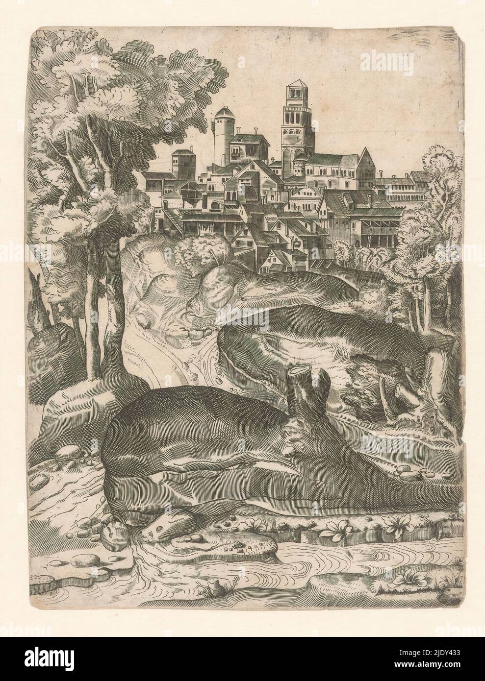Landscape with a river and a city on a hill, Landscape with a river and a city on a hill., print maker: anonymous, after print by: Domenico Campagnola, after print by: Giulio Campagnola, Italy, c. 1530 - c. 1550, paper, engraving, etching, height 284 mm × width 214 mm Stock Photo
