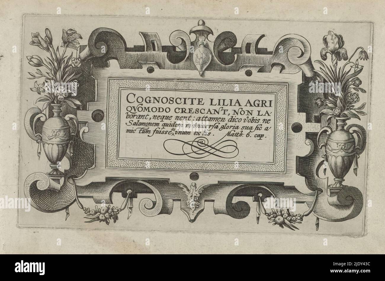 Title Page and Eleven Prints of Flowers, Plants, and Fruit, Cartouche with framed scrollwork for the series: Cognoscite lilia, Cognoscite lilia (series title on object), Cartouche with framed scrollwork. Used as the title print of the series, titled: Cognoscite lilia agri quomodo crescant, non laborant, neque nent: attamen dico vobis ne Salomonem quidem in universa gloria sua sic amic tum fuisse et unum ex his. That is: Behold the lilies in the field, watch them grow. They do not work or weave. The lilies do not spin. I tell you: even Solomon, in all his splendor, did not go about dressed like Stock Photo
