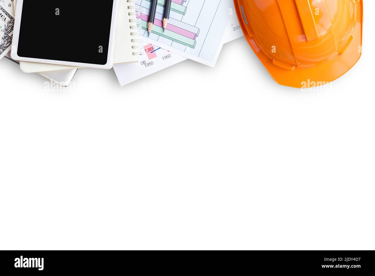 Orange safety helmet and laptop computer, notebook,pencil and smartphone on white backgroud. Top view with copy space. Business concept Stock Photo