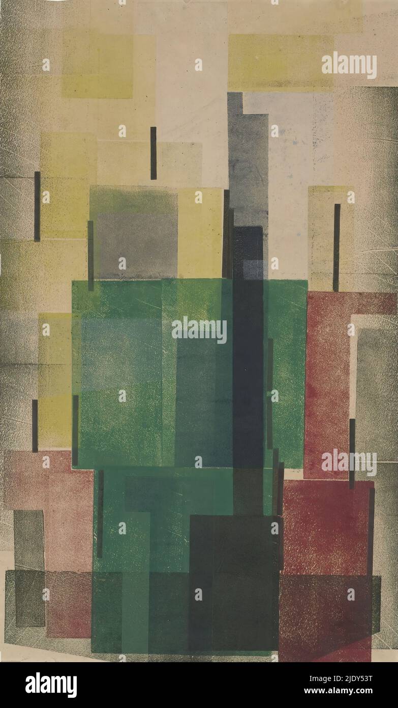 Composition, Composition, Print. Abstract composition with accumulation of rectangular planes - in green, red, yellow and black - superimposed with variable transparency., print maker: Hendrik Nicolaas Werkman, Groningen, 1924, printing ink, height 680 mm × width 420 mm Stock Photo