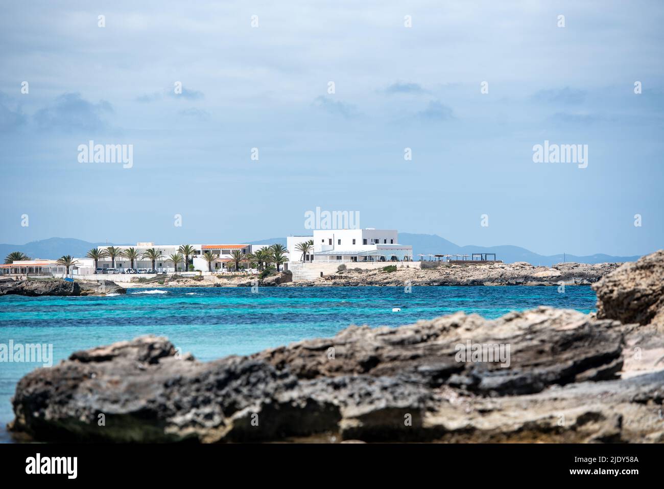 View on the beach of Es Pujols in Formentera in summer 2021. Stock Photo