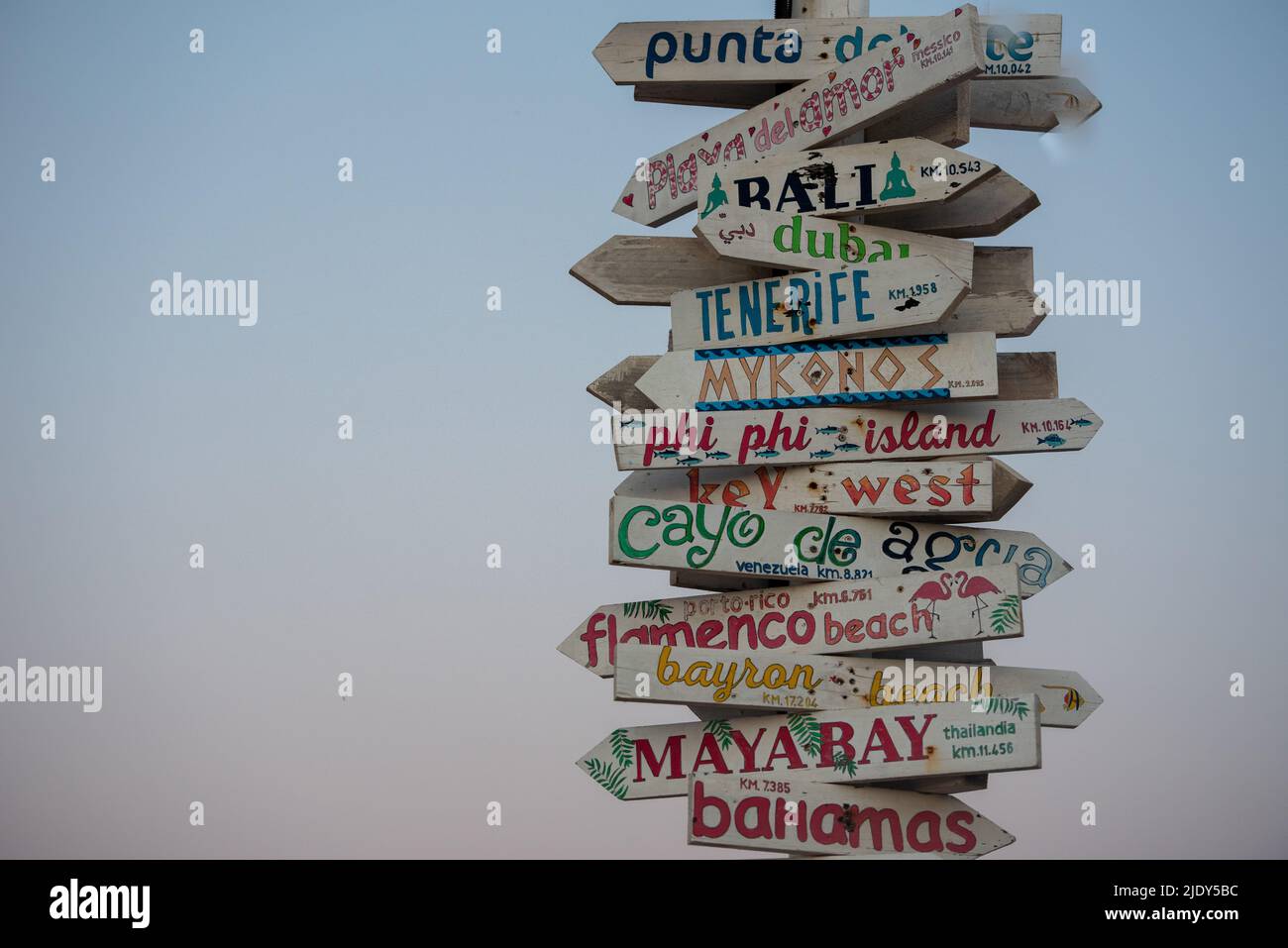 Signal post distances to paradic cities of the world in Formentera, Spain. Stock Photo