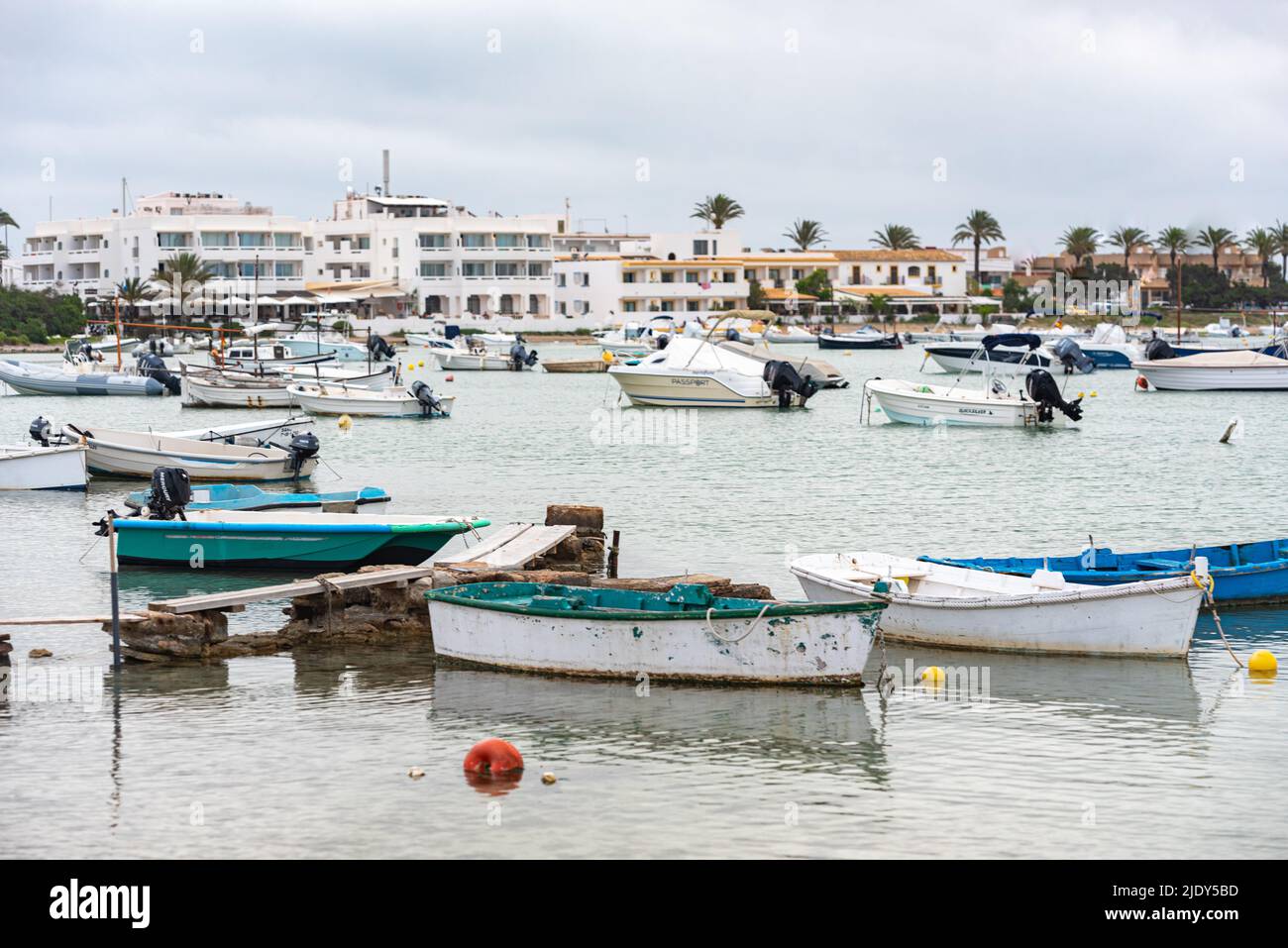 Formentera, Spain: 2021 June 8 : Boats in the port of La Savina in Formentera summer 2021. Stock Photo