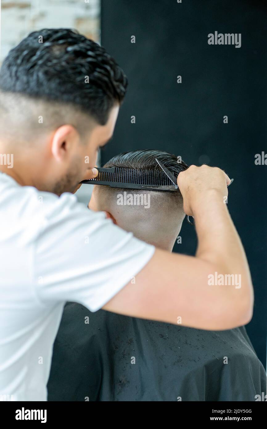 professional hairdresser in his beauty salon cutting hair Stock Photo