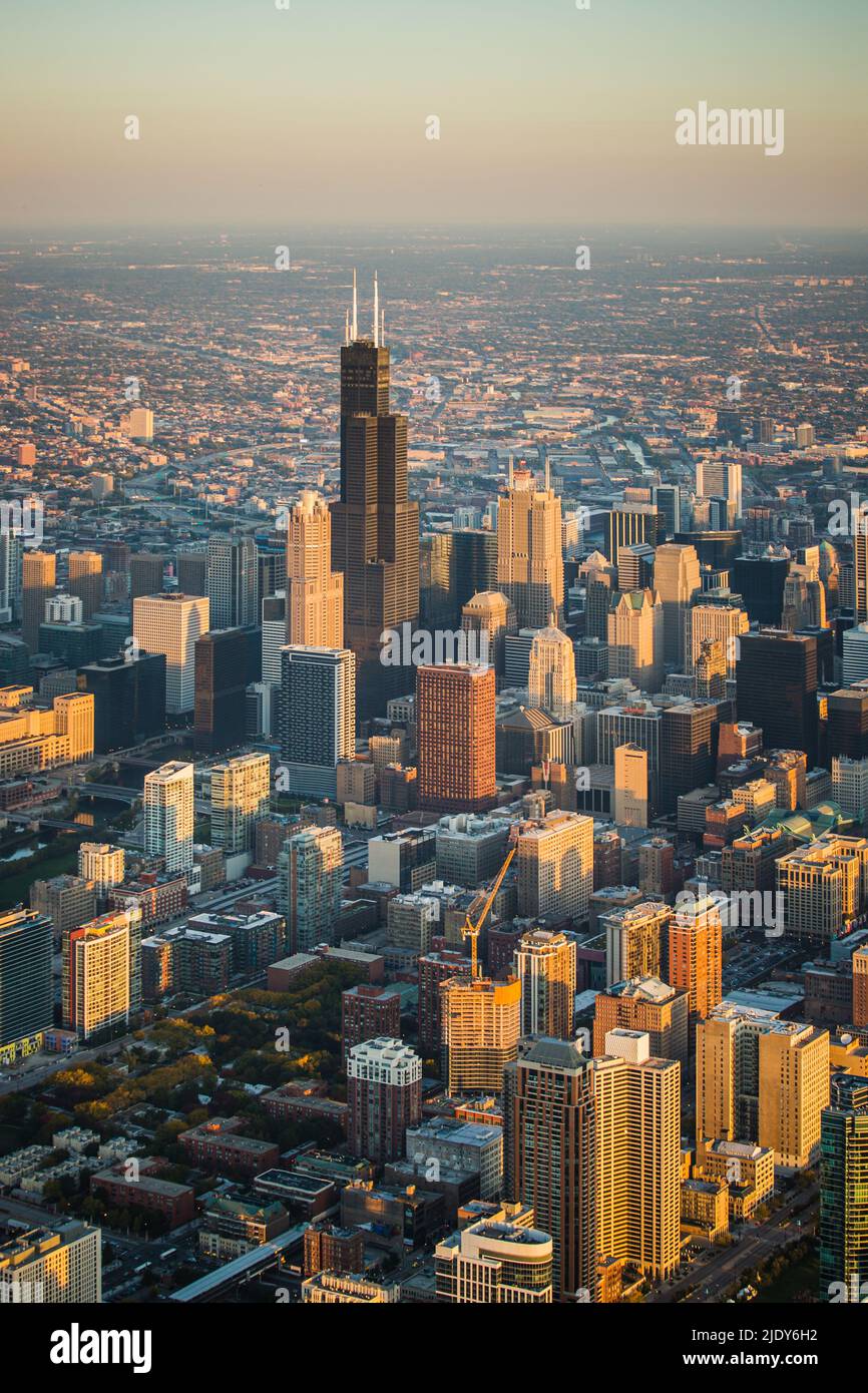 Willis Tower Chicago Aerial Skyline Stock Photo