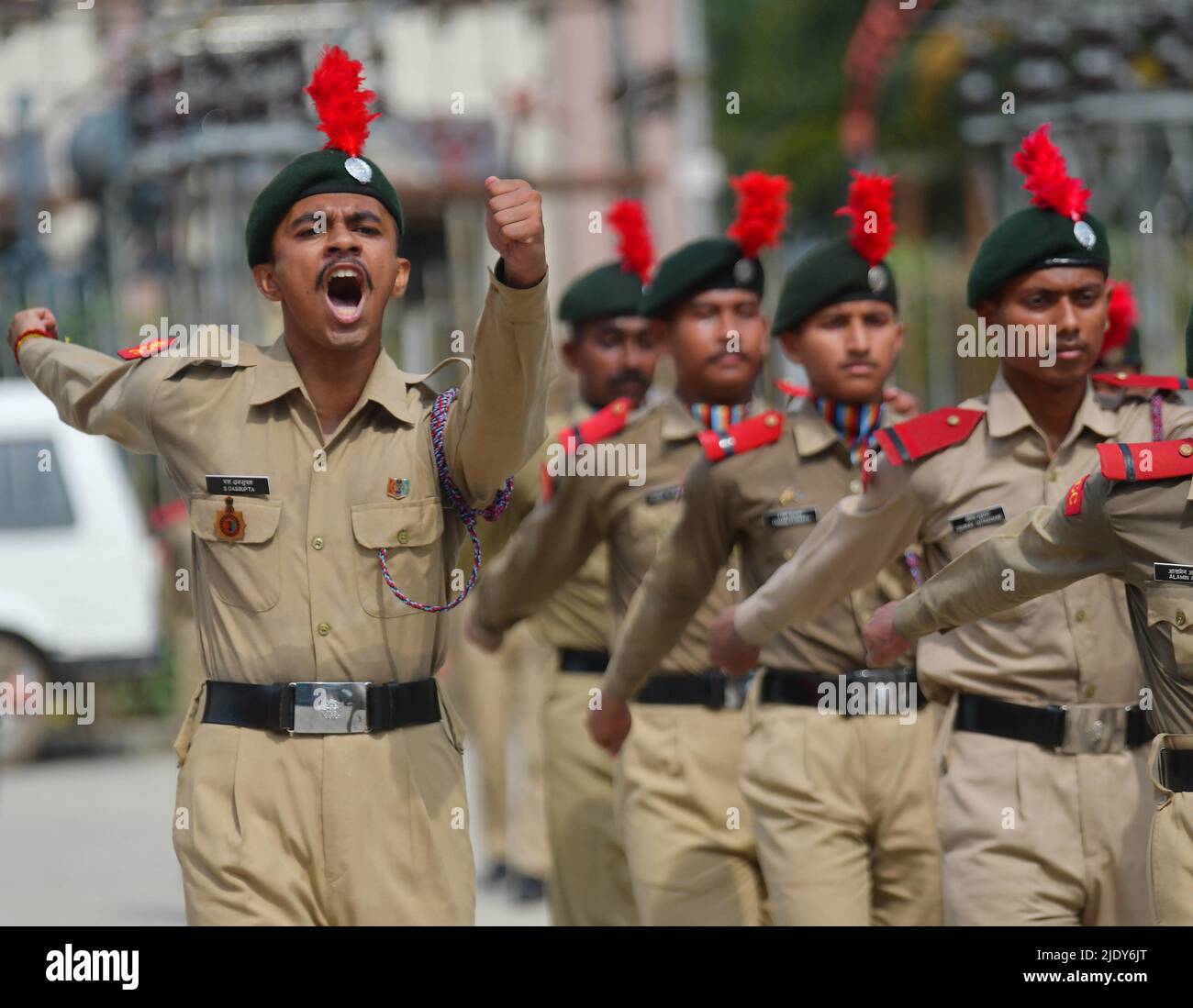 The NCC cadets (National cadets Corps) perform drills during a combined