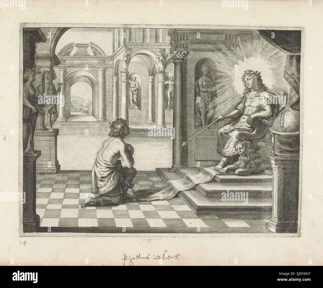 Phaëthon asks his father if he may ride in his solar chariot, Metamorphoses of Ovid (series title), Phaëthon kneels in front of his throne in the palace of his father, the sun god, asking if he may ride in his solar chariot. In the background is the sun chariot., print maker: Crispijn van de Passe (II), after design by: Bartholomeus van Bassen, (possibly), publisher: Crispijn van de Passe (II), (attributed to), c. 1636 - 1670, paper, engraving, height 163 mm × width 218 mm Stock Photo