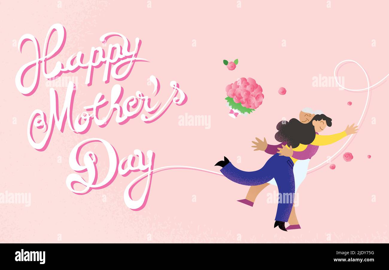 Happy mother's day card celebration vector illustration. Adult daughter and old mother embracing. Stock Vector