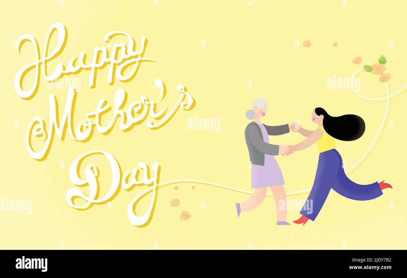 Happy mother's day celebration card vector illustration with removable cursive text. Young woman daughter dancing happily with her old mother. Stock Vector