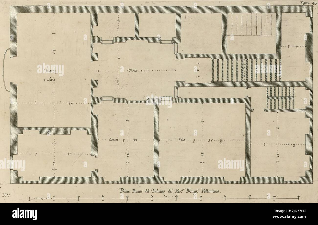 Ground floor plan of the Palazzo dell'Acquedotto de Ferrari Galliera at Genoa, Prima pianta del Palazzo del sigr. Thomaso Pallavicino (title on object), This print is part of an album., print maker: Nicolaes Ryckmans, publisher: Peter Paul Rubens, Spaanse kroon, Antwerp, 1622, paper, engraving, height 218 mm × width 348 mm, height 583 mm × width 435 mm Stock Photo