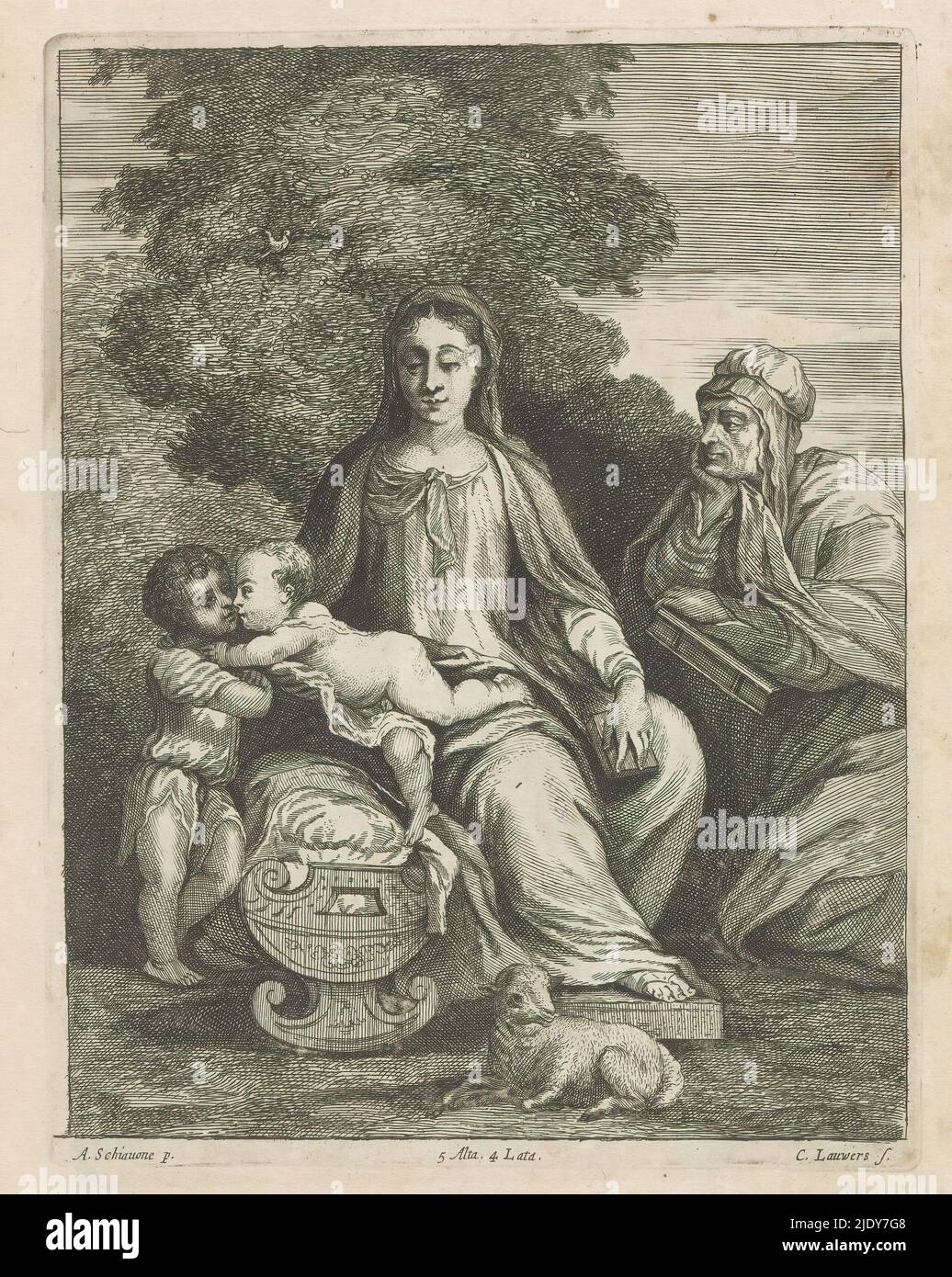 Mary with the Christ Child, young John the Baptist and St. Elizabeth, The Christ Child reaches over a cradle to the young John the Baptist. On the right, his mother Elisabet looks on. This print is part of an album., print maker: Conrad Lauwers, (mentioned on object), after painting by: Schiavone, (mentioned on object), publisher: David Teniers (II), print maker: Antwerp, after painting by: Italy, publisher: Brussels, 1660, paper, etching, height 221 mm × width 171 mm Stock Photo