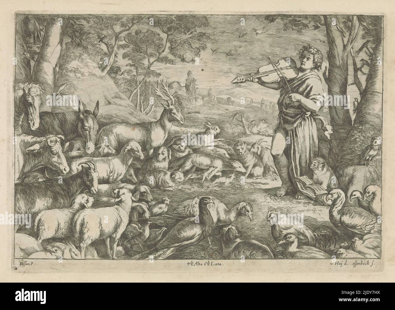 Orpheus enchants the animals with his music, Orpheus stands under a tree and plays a lira da braccio. Various wild and tame animals listen to his playing. This print is part of an album., print maker: Jan van Ossenbeeck, (mentioned on object), after painting by: Leandro Bassano, (mentioned on object), publisher: David Teniers (II), after painting by: Italy, publisher: Brussels, 1660, paper, etching, height 218 mm × width 310 mm Stock Photo