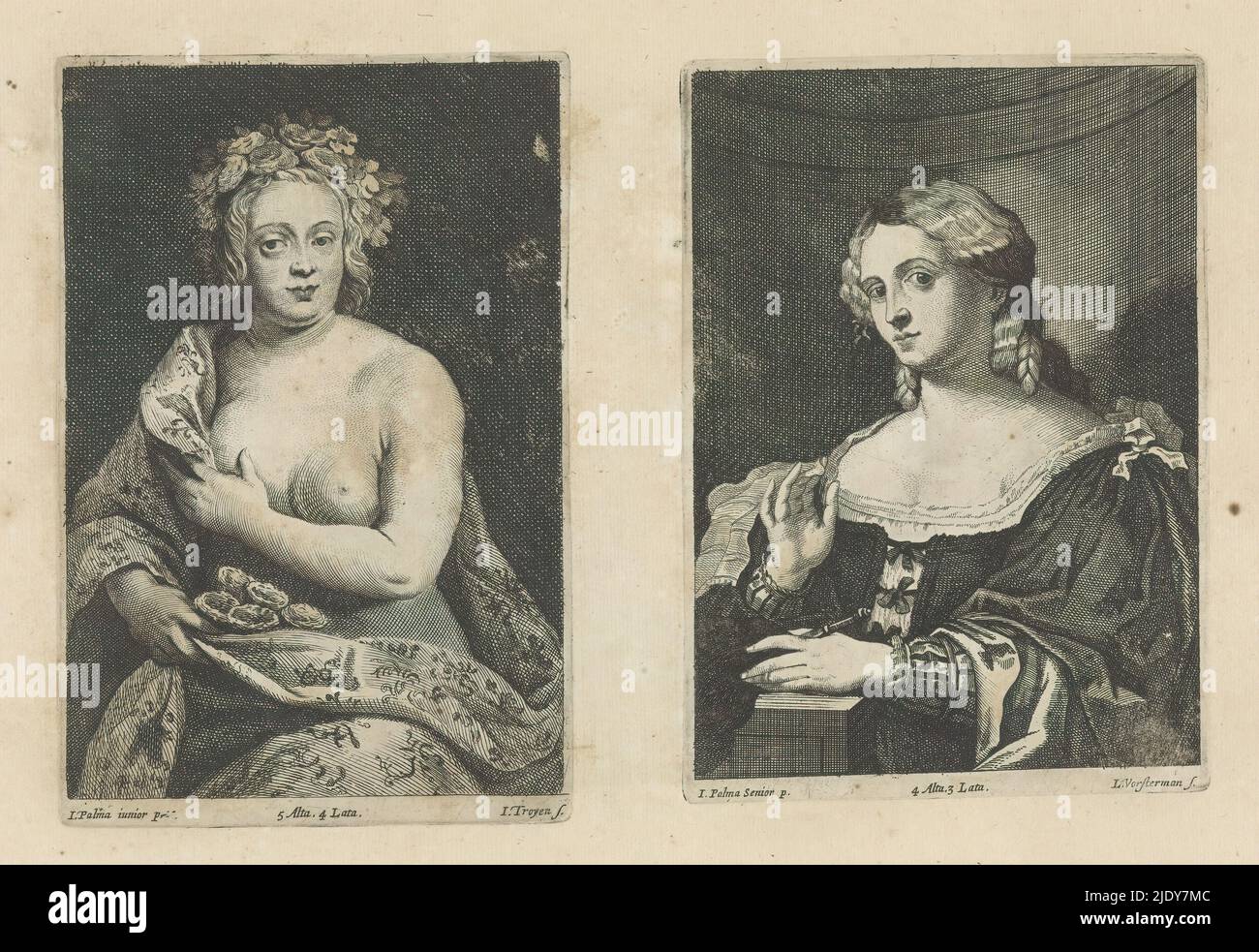 Portrait of an unknown woman with fan, This print is part of an album., print maker: Lucas Vorsterman (II), (mentioned on object), after painting by: David Teniers (II), after painting by: Jacopo Palma (il Vecchio), (mentioned on object), print maker: Antwerp, after painting by: Southern Netherlands, after painting by: Italy, publisher: Brussels, 1660, paper, etching, height 163 mm × width 116 mm Stock Photo
