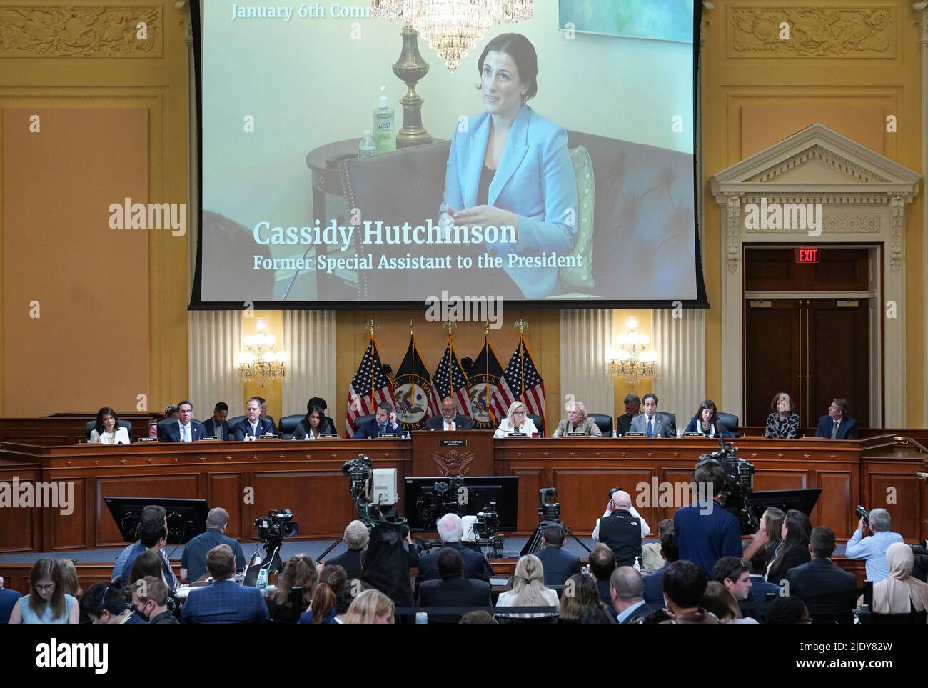 An image of Cassidy Hutchinson is shown during a House Select Committee hearing to Investigate the January 6th Attack on the US Capitol, in the Cannon House Office Building on Capitol Hill in Washington, DC, USA on June 23, 2022. Photo by Mandel Ngan/Pool/ABACAPRESS.COM Stock Photo