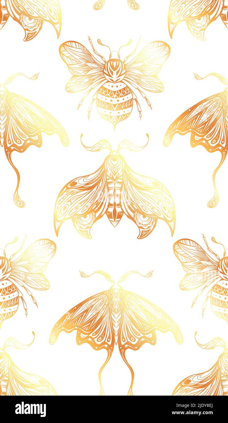 Vector seamless luxury pattern with drawing bee and night butterfly with boho decoration. Entomology texture with golden moth and bumblebee with trace Stock Vector