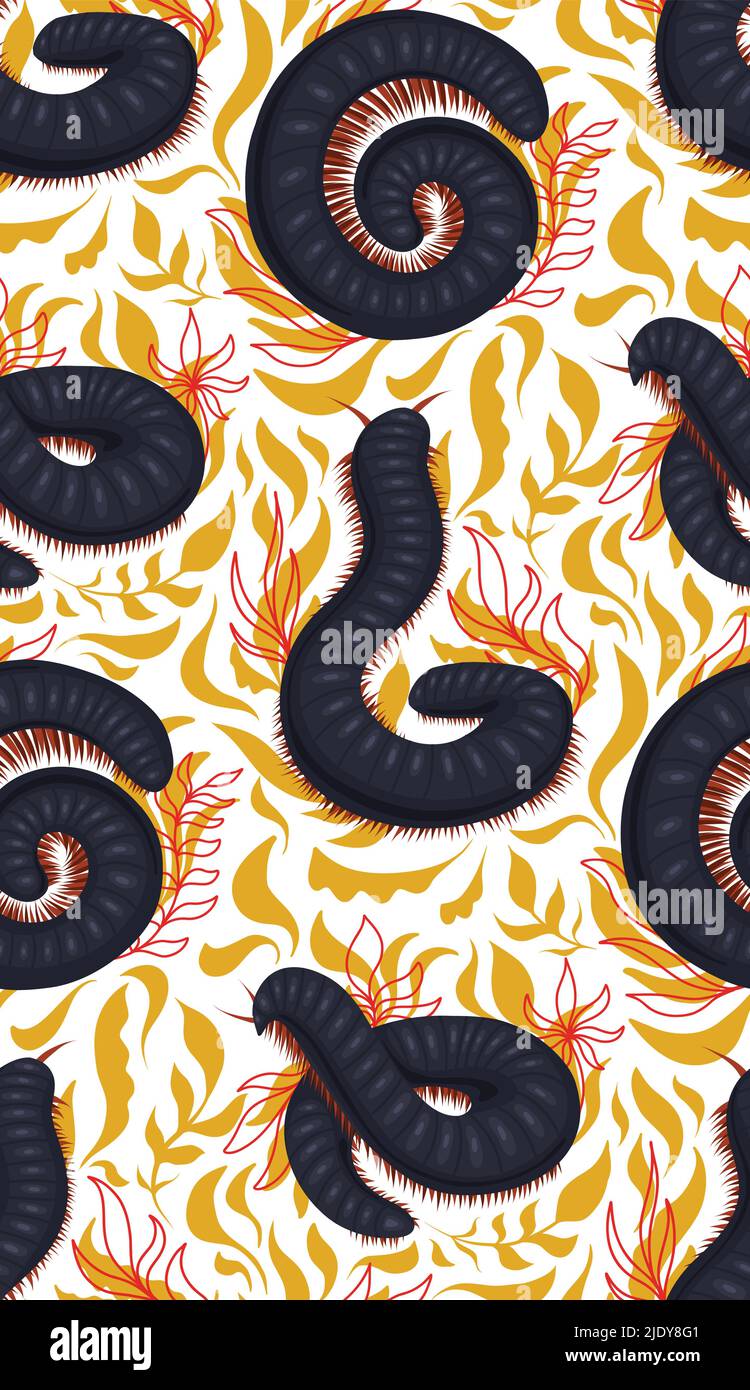 Vector seamless pattern with centipedes with foliage and stems. Trendy ...