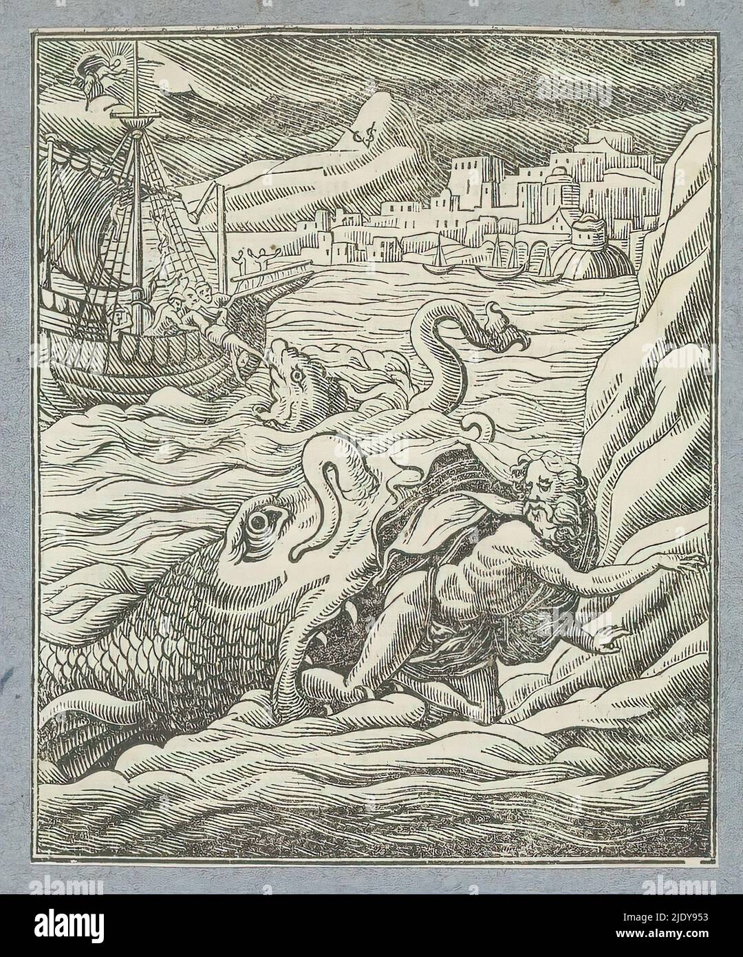 Jonah and the Whale, During the heavy storm, Jonah is thrown overboard by the fishermen. He is swallowed by a whale. After surviving three days and nights in the belly of the fish, the fish spits Jonah out onto land. The print is part of an album., print maker: Christoffel van Sichem (II), (mentioned on object), print maker: Christoffel van Sichem (III), (mentioned on object), publisher: Pieter Jacobsz. Paets, Amsterdam, 1645 - 1646, paper, letterpress printing, height 108 mm × width 88 mm Stock Photo
