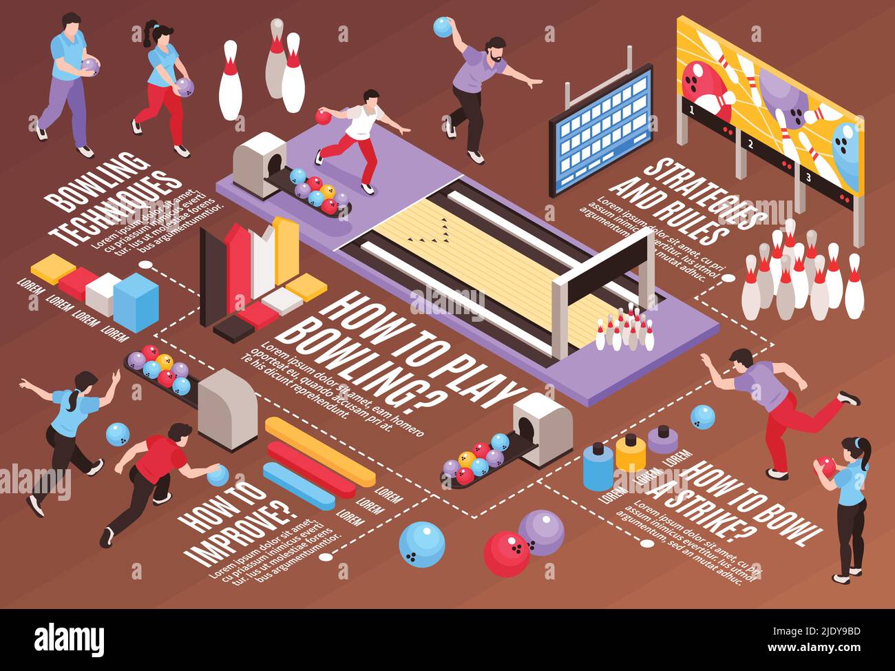Isometric bowling horizontal flowchart composition with infographic