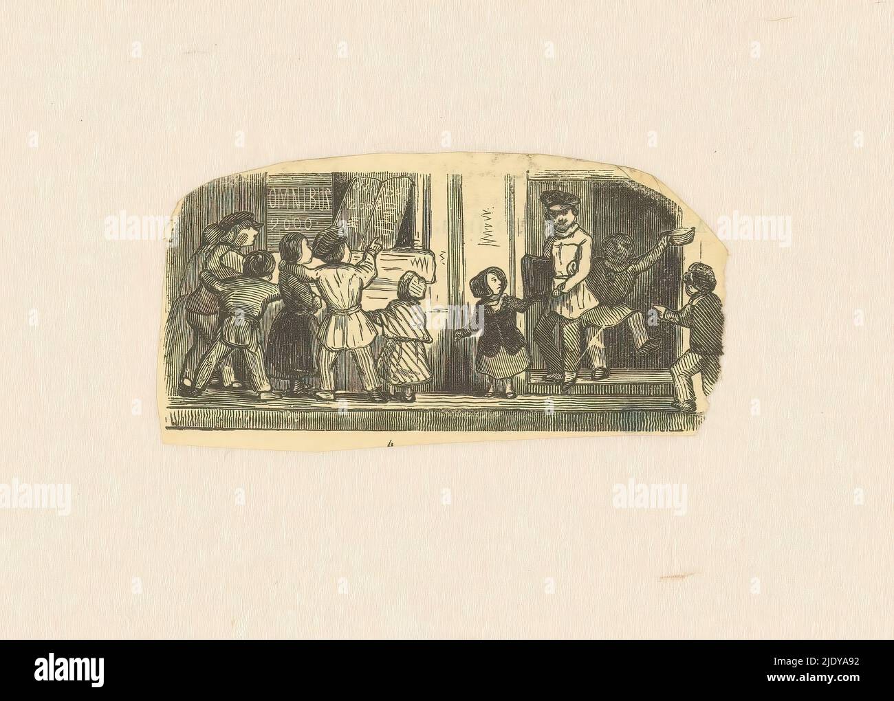 Children in front of the window of a bookstore, In the window a sign with Omnibus 2000., print maker: anonymous, c. 1850, paper, height 39 mm × width 83 mm Stock Photo