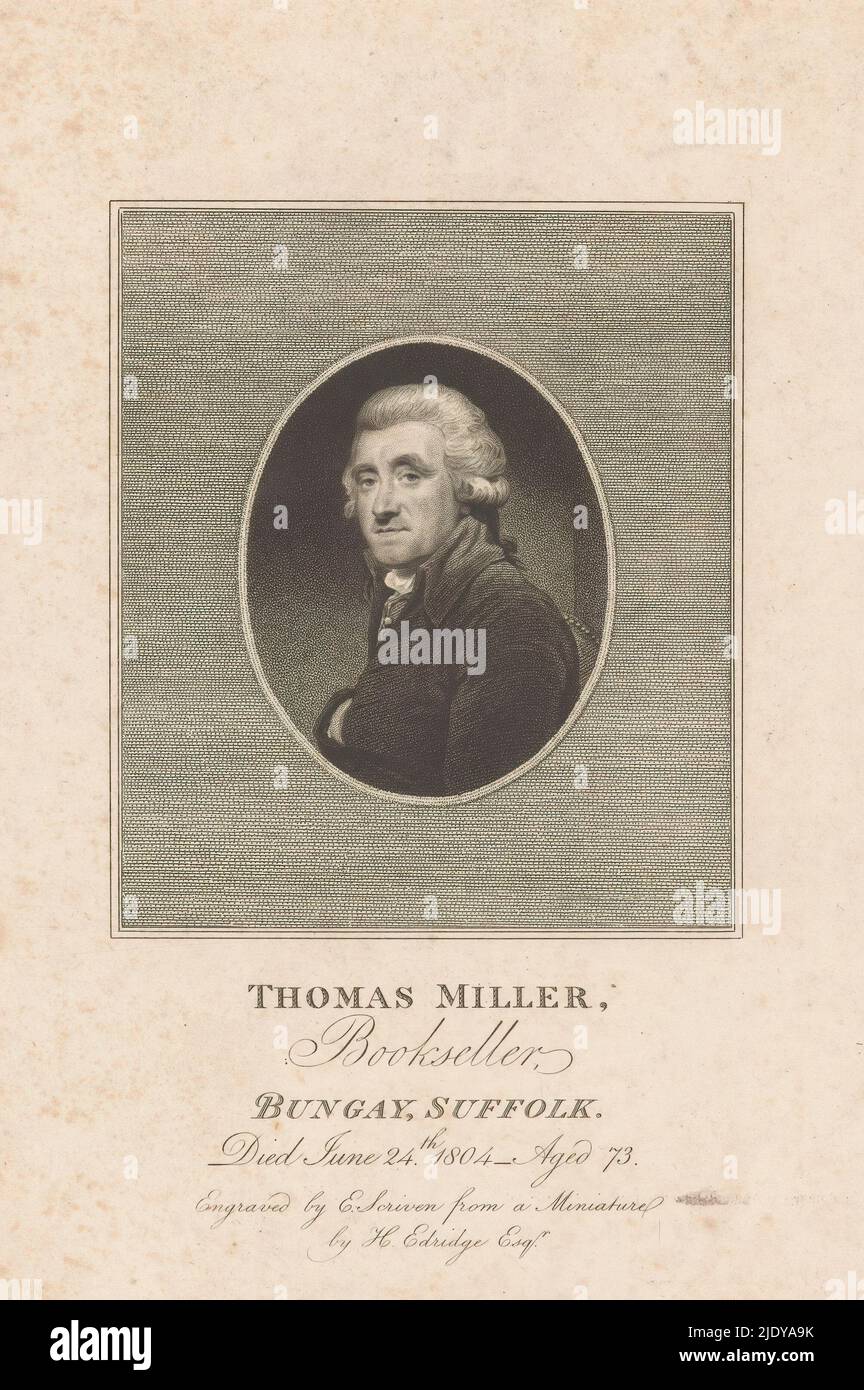 Portrait of Thomas Miller, bookseller at Bungay, Thomas Miller, Bookseller, Bungay, Suffolk (title on object), print maker: Edward Scriven, (mentioned on object), after painting by: Henry Edridge, (mentioned on object), 1804 - 1841, paper, etching, height 225 mm × width 163 mm Stock Photo