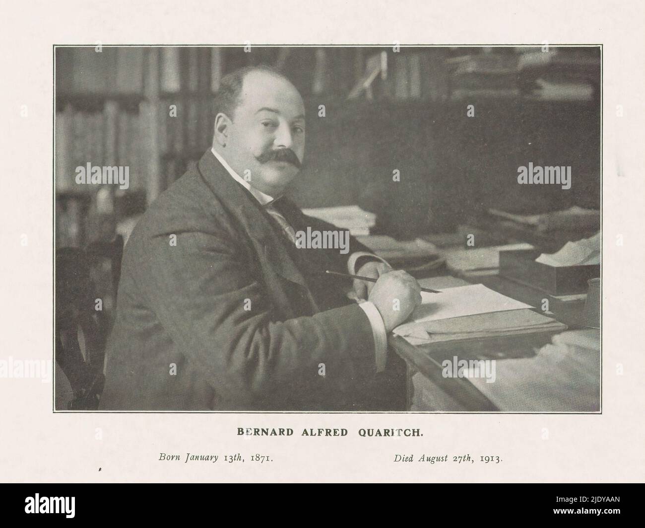 Portrait of bookseller Bernard Alfred Quaritch behind his desk, Bernard Alfred Quaritch (title on object), print maker: anonymous, anonymous, after 27-Aug-1913, paper, printing, height 225 mm × width 287 mm Stock Photo
